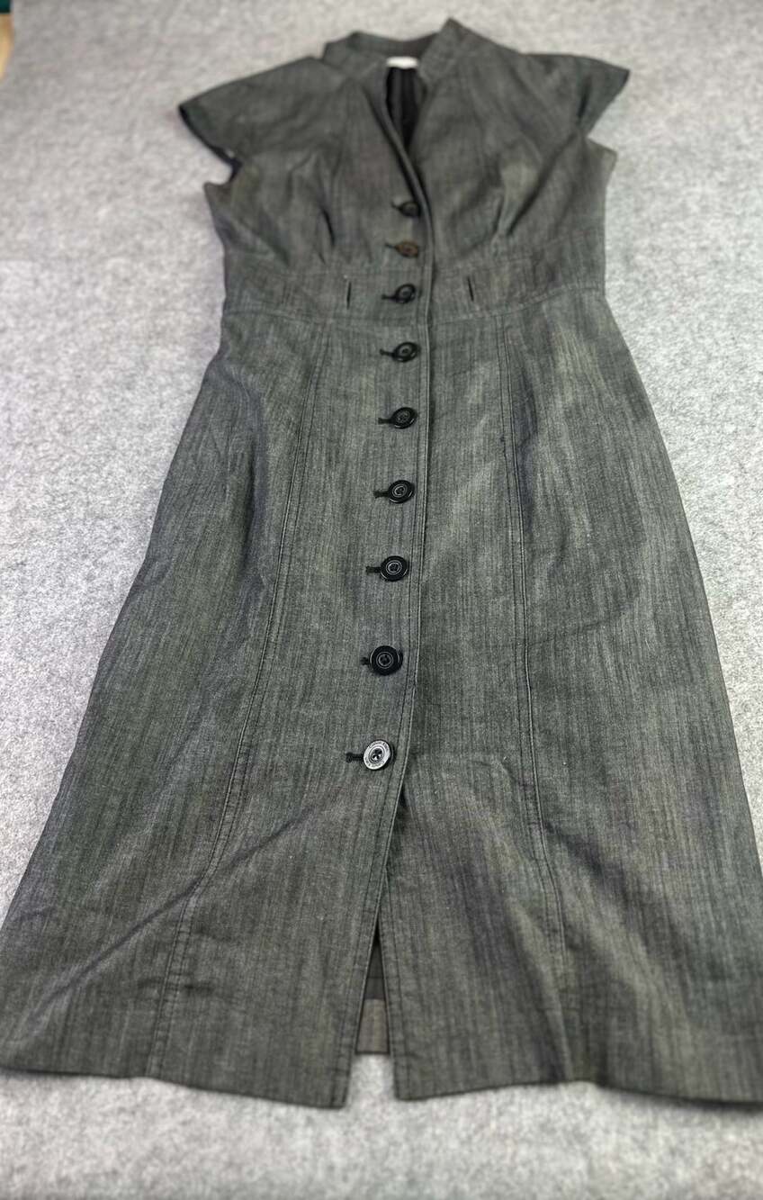Calvin Klein Grey Button-Front Midi Dress Cap Sleeve Mandarin Collar
